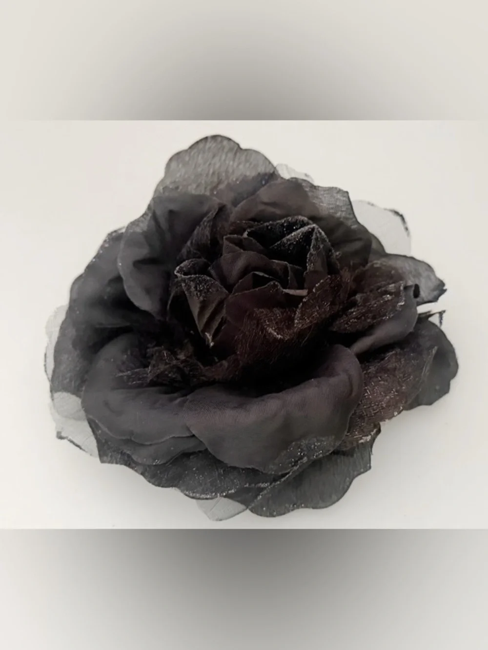 2 Huge Silk Rose Flower Glitter Edges 3 in 1 Brooch, Ponytail Holder, Hair Clamp